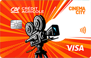 Karta Credit Agricole i Cinema City z grafiką starej kamery filmowej na statywie. Karta ma pomarańczowo-czerwone tło