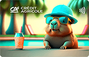 Karta Credit Agricole z wizerunkiem kapibary w okularach przeciwsłonecznych i kapeluszu, która siedzi w basenie z napojem ze słomką