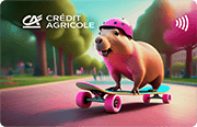 Karta Credit Agricole z wizerunkiem kapibary jadącej w kasku na deskorolce
