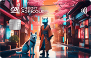 Karta Credit Agricole z wizerunkiem robota w japońskim kimono z psem siedzącym obok, na tle japońskiej uliczki
