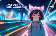 Karta Credit Agricole z wizerunkiem dziewczyny anime w otoczeniu rozmytych świateł
