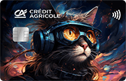 Karta Credit Agricole z wizerunkiem kota w goglach i stroju astronauty. Za nim wirujące tło