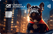 Karta Credit Agricole z wizerunkiem małego psa w pelerynie superbohatera, który siedzi otoczony wieżowcami