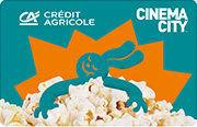 Karta Credit Agricole i Cinema City z grafiką zielononiebieskiego królika na pomarańczowym tle, który przytula się do góry popcornu