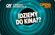 ID: CA349 – Karta Credit Agricole i Cinema City z napisem Idziemy do kina? na tle niebieskich koncentrycznych okręgów przypominających ekran kinowy.