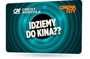 ID: CA349 – Karta Credit Agricole i Cinema City z napisem Idziemy do kina? na tle niebieskich koncentrycznych okręgów przypominających ekran kinowy.